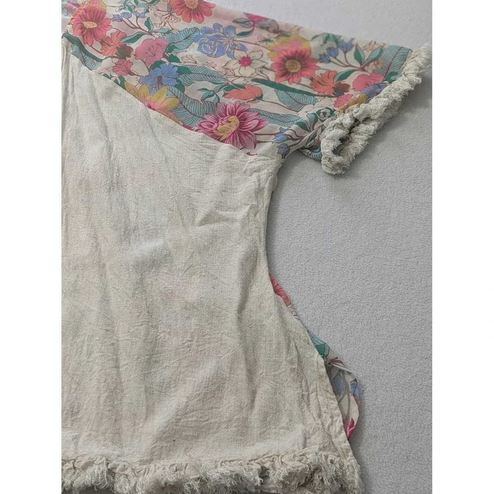 Umgee Kimono 3/4 Sleeve Fringe Hem Open Tunic Med Large Linen Oatmeal Floral‎ - Picture 4 of 11